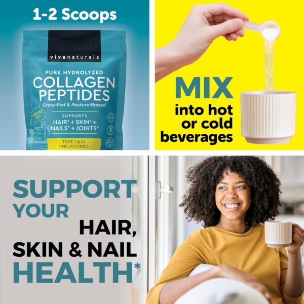 Hydrolyzed Collagen Peptides Powder - 1 lb Grass-Fed & Pasture-Raised Collagen for Women, Type I & III Unflavored Bovine Collagen Powder for Men, Collagen Protein Powder For Hair, Skin, & Nails