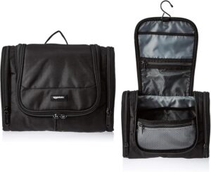 Amazon Basics Travel Toiletry Bag for Men and Women, Hanging Toiletry Bag, Dopp Kit with 2 Side Pockets, Multiple Interior Pockets, Durable 1680D Polyester, Handles Bathroom Spills/Splashes, Black