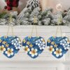 Christmas Ceramic Heart Pendant Decoration for Tree Hanging in Festive Season Blue Hawaiian Flowers Prints