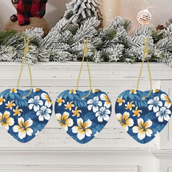 Christmas Ceramic Heart Pendant Decoration for Tree Hanging in Festive Season Blue Hawaiian Flowers Prints