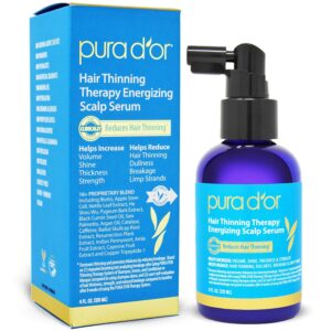 PURA D'OR Hair Thinning Therapy Energizing Scalp Serum Revitalizer (4oz) with Argan Oil, Biotin, Caffeine, Stem Cell, Catalase & DHT Blockers, All Hair Types, Men & Women (Packaging may vary)