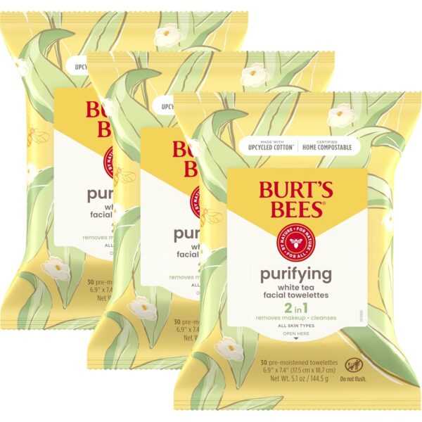 Burt's Bees White Tea Face Wipes, for All Skin Types, College Back to School Dorm Essentials, Hydrating Makeup Remover & Facial Cleansing Towelettes, 30 Ct. (3-Pack)