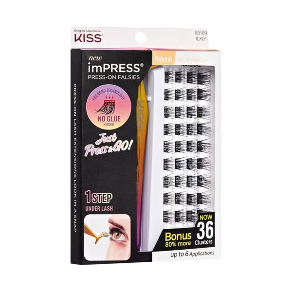 KISS imPRESS Falsies Self Adhesive Eyelashes, Press On Lashes, 12mm-14mm Natural Volume Lashes, Black, No Glue Needed, Invisible Band, 36 Lash Clusters & Non-Stick Applicator - Natural