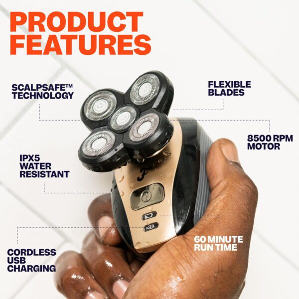 FlexSeries Electric Head & Body Hair Shaver - Mens Cordless Rechargeable Wet/Dry Skull Bald Head Back & Groin Waterproof Razor with Rotary Blades, Clippers, Nose Trimmer, Brush, Massager