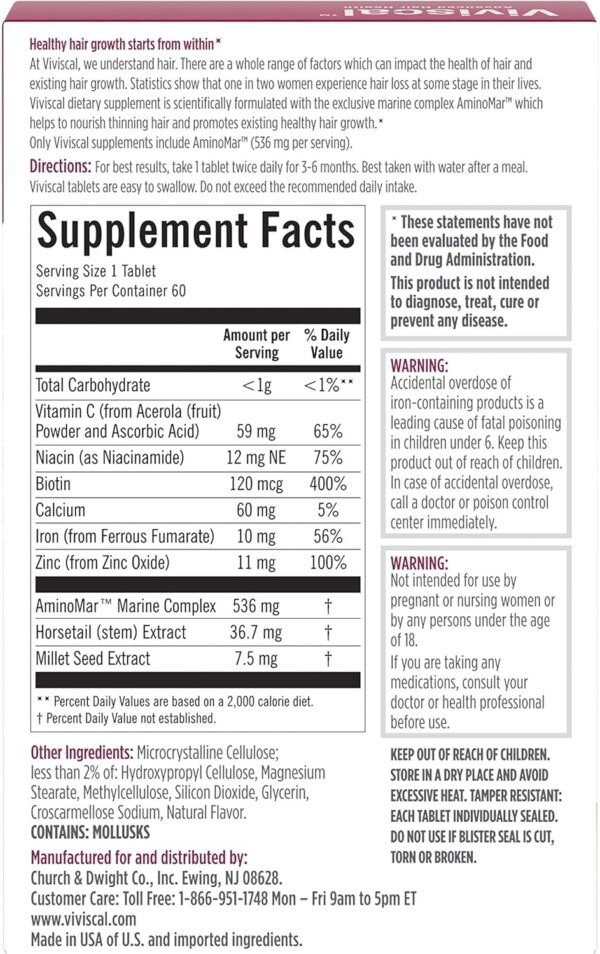 Viviscal Hair Growth Supplements For Women For Thicker, Fuller Hair, Nourishes Thinning & Loss, With Proprietary Collagen Complex, 60 Tablets, 1 Month Supply