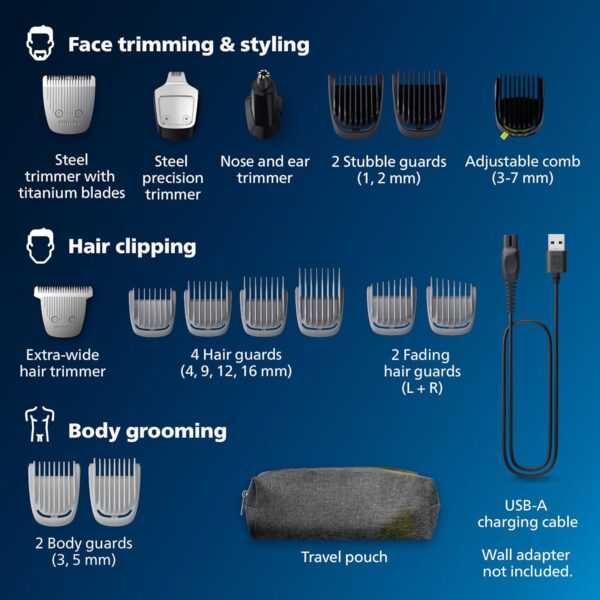 Philips Norelco Multigroom 5000 Series, All-in-One Trimmer, Beard Trimmer and Hair Clipper, 18-Piece Men's Grooming Kit for Beard, Face, Nose, Ear, Body, with Titanium Blades, Travel Pouch, MG5970/49