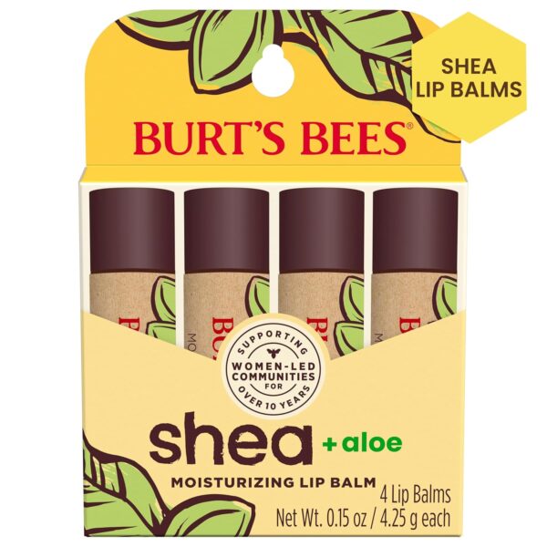 Burt's Bees Shea and Aloe Moisturizing Lip Balm, Lip Moisturizer With Responsibly Sourced Beeswax, Tint-Free, Natural Origin Conditioning Treatment, 4 Tubes, 0.15 oz.