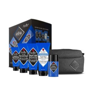Jack Black Jetsetter Set for Men - Face Moisturizer SPF 20, Daily Facial Cleanser, Beard Lube Shave Oil & Shave Cream, Dual-Purpose Mens Body Wash, Pit Boss Men's Deodorant, and a Luxury Travel Bag