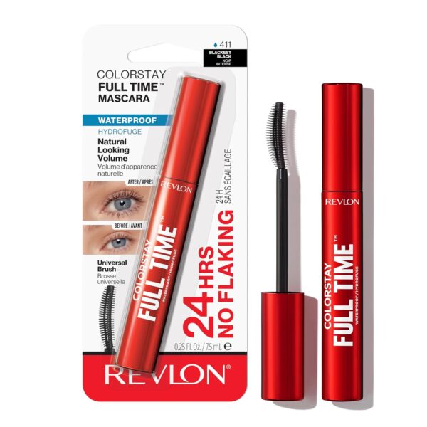 Revlon ColorStay Full Time Waterproof Mascara, Volumizing Eye Makeup, 24 Hour Wear, Smudge-Proof, Flake-Proof, 411 Blackest Black, Waterproof