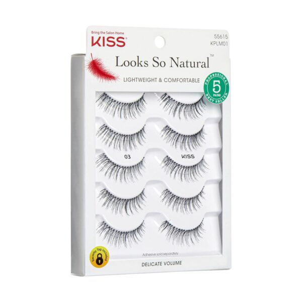 KISS Looks So Natural False Eyelashes Multipack #03, Lightweight & Comfortable, Delicate Volume, Natural-Looking, Tapered End Technology, Reusable, Cruelty-Free, Contact Lens Friendly, 5 Pairs