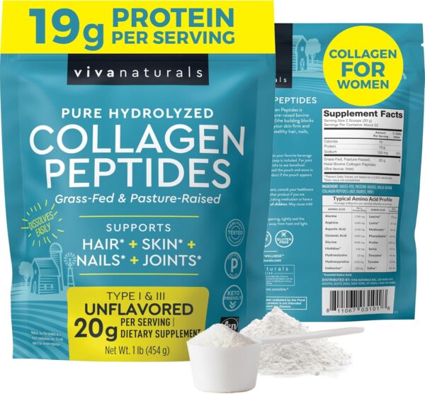Hydrolyzed Collagen Peptides Powder - 1 lb Grass-Fed & Pasture-Raised Collagen for Women, Type I & III Unflavored Bovine Collagen Powder for Men, Collagen Protein Powder For Hair, Skin, & Nails