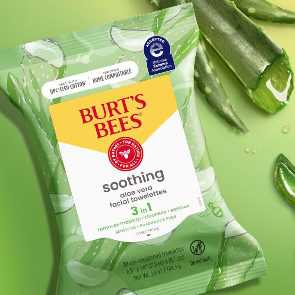 Burt's Bees, Aloe Vera Face Wipes, for Sensitive Skin, Soothing Makeup Remover & Facial Cleansing Towelettes, 30 Count (1 Pack)