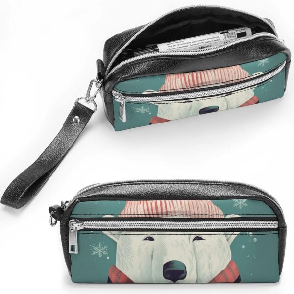 Bear Wearing Hat Pencil Case Large Capacity Leather Pencil Pouch with Zipper, Portable Small Makeup Bag, Office Supplies Organizer for Women Men