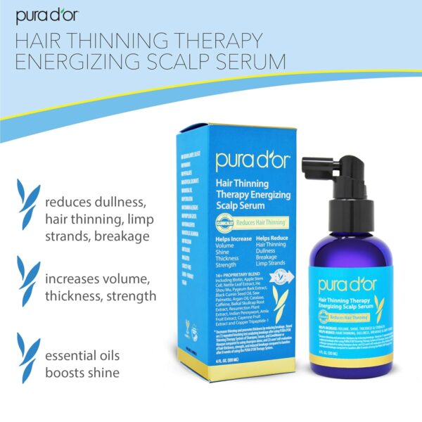 PURA D'OR Hair Thinning Therapy Energizing Scalp Serum Revitalizer (4oz) with Argan Oil, Biotin, Caffeine, Stem Cell, Catalase & DHT Blockers, All Hair Types, Men & Women (Packaging may vary)