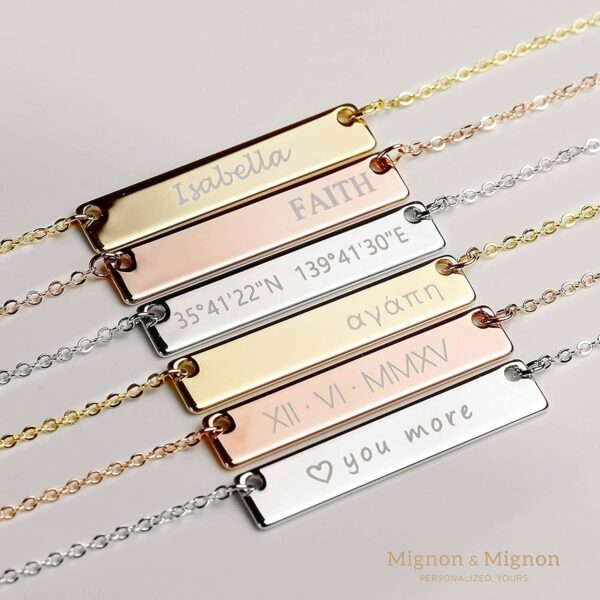 Personalized Engraved Bar Necklace, Custom Name, Date, Coordinates, Friendship Jewelry, Birthday, Wedding, Graduation, Gift for Women – 4N