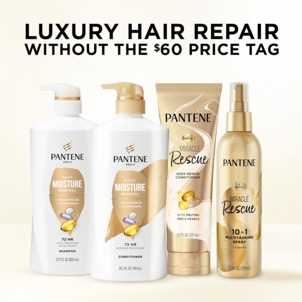Pantene Conditioner, Daily Moisture Renewal - Pro-V Nutrients for Dry, Color-Treated, Straight to Curly Hair, 72-Hour Hydration & Softness, 25.1 Oz Each, 2-Pack + Miracle Rescue Shot (0.5 Oz)