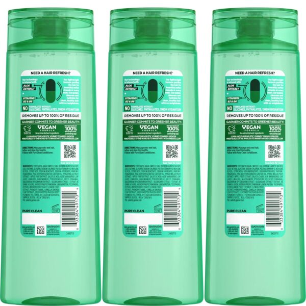 Garnier Fructis Pure Clean Purifying Shampoo, Silicone-Free, 12.5 Fl Oz, 3 Count (Packaging May Vary)