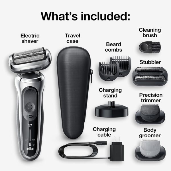 Braun Series 7 7032cs Flex Electric Razor for Men, Wet & Dry, Electric Razor, Rechargeable, Cordless Foil Shaver with Beard Trimmer and Charging Stand, Silver