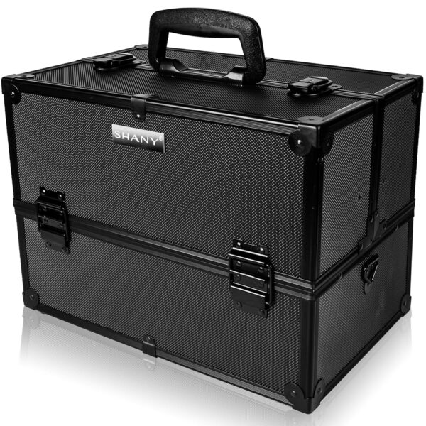 SHANY Essential Pro Makeup Train Case Cosmetic Box Portable Makeup Case Cosmetics Beauty Organizer Jewelry storage with Locks, Multi Compartments Makeup Box and Shoulder Strap - All Black
