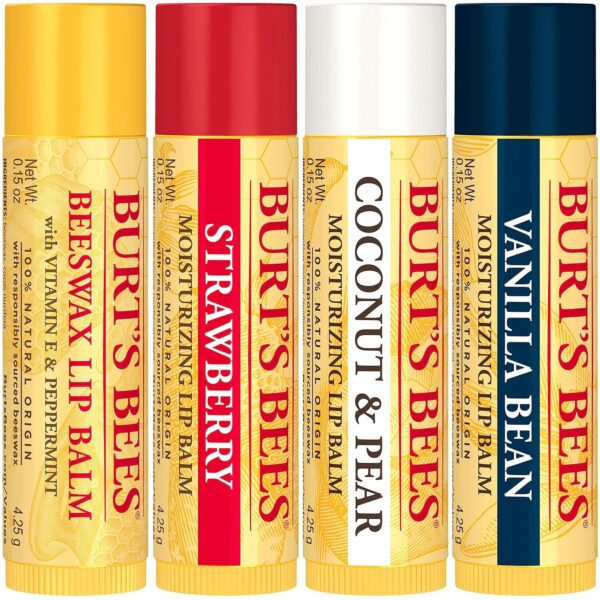 Burt's Bees Lip Balm, Beeswax, Strawberry, Coconut and Pear, and Vanilla Bean Pack, With Responsibly Sourced Beeswax, Tint-Free, Natural Lip Treatment, 4 Tubes, 0.15 oz.