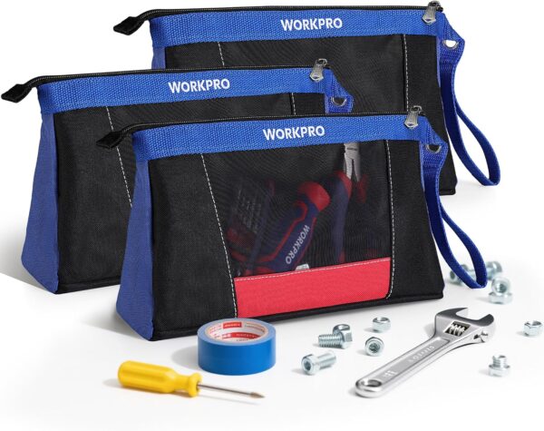 WORKPRO 12" Tool Pouches with Zipper, Heavy-Duty Small Tool Bag, Utility small tool pouch for Tool Organizers and Storage, Mini Tool Bag, 3 Pack