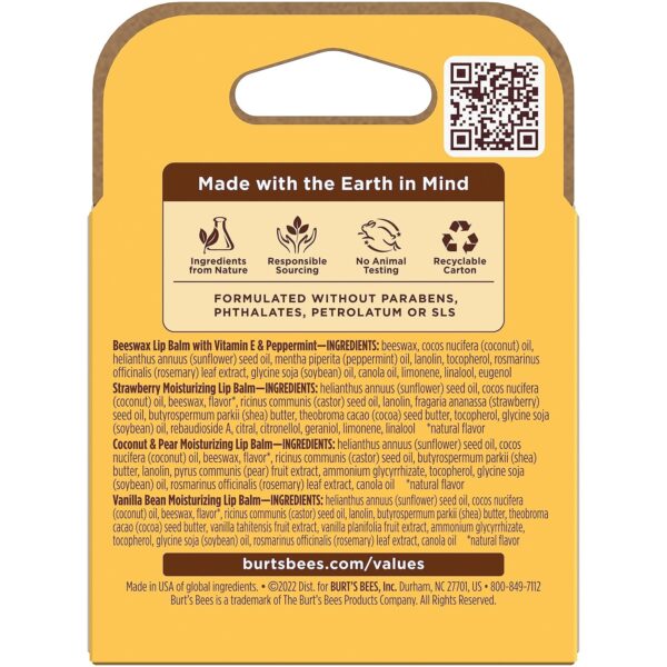 Burt's Bees Lip Balm, Beeswax, Strawberry, Coconut and Pear, and Vanilla Bean Pack, With Responsibly Sourced Beeswax, Tint-Free, Natural Lip Treatment, 4 Tubes, 0.15 oz.