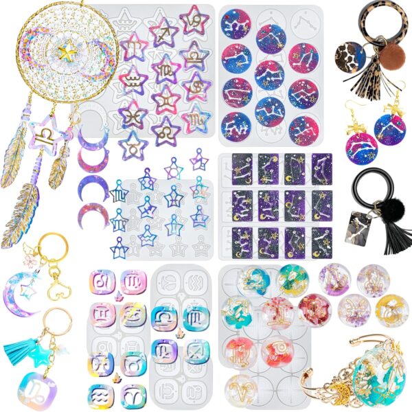 FUNSHOWCASE Zodiac Resin Molds Silicone Pack of 9 for Keychain Charms Necklace Pendant Earring Bracelet Jewelry Making