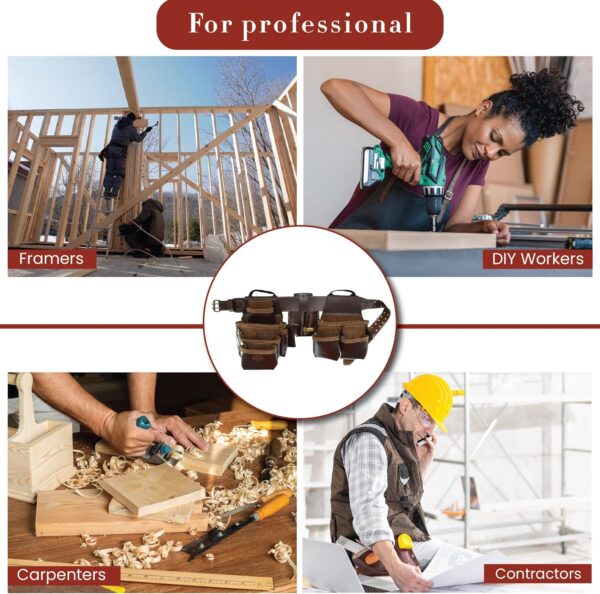 Style n Craft 4-Piece and 22-Pocket Pro Framer’s Combo, Tool Belt with 2 Tool Pouches, a 4-Pocket Multi-Tool Holder, and 1 Leather Hammer Loop, Full-Grain Leather Carpenter Tool Belt, Dark Tan (98454)