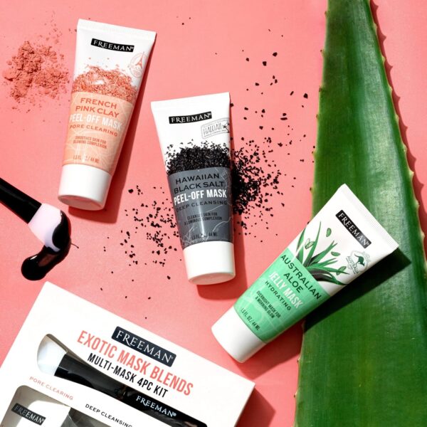 Freeman Exotic Blends Facial Mask 4 Piece Set, Peel-Off & Jelly Masks, Cleansing, Pore-Clearing & Hydrating Facial Masks, For All Skin Types, Includes Silicone Mask Brush, Vegan & Cruelty-Free