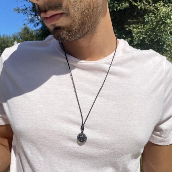 Cross Leather Necklace Mens - Men Cross Coin, Religious Pendant, Medallion Necklaces, Christmas Gift, Catholic Pendant, Christian Charms, Women Gifts to Husband Cute Crosses Best Friend (Gunmetal)