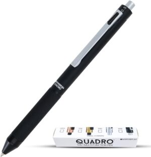 Monteverde USA Quadro 4-in-1 Multifunction Pen - Black Finish - Three Ballpoint Colors & Mechanical Pencil - Durable Brass Barrel with Knurled Grip - Portable & Refillable