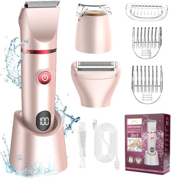 cjc 3-in-1 Electric Shaver for Women, Rechargeable Wet Dry Lady Electric Razor, Bikini Shaver for Legs Body Hair, IPX6 Waterproof Bikini Trimmer Gift for Womens Pink