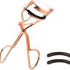 Professional Makeup Tool for Eyelashes with 2 Replacement Silicone Refill Pads Pinch Pain Free Metal Eyelash Curler 1PC, Golden Color