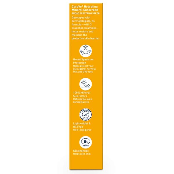 CeraVe 100% Mineral Sunscreen SPF 50, Face sunscreen With Zinc Oxide & Titanium Dioxide, Hyaluronic Acid + Niacinamide + Ceramides, Oil Free, Travel Size 2.5 oz