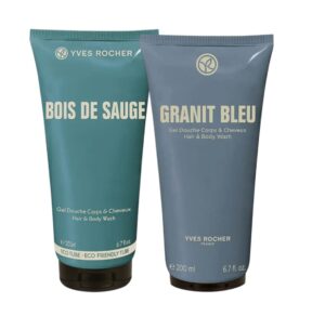 Yves Rocher Granit Bleu and Bois de Sauge Perfumed Body & Hair Gel for Men – Refreshing Woody Marine Scent Cleansing Shower Gel All-in-One Hair Daily Use Set of 2-200 ml / 6.7 fl oz