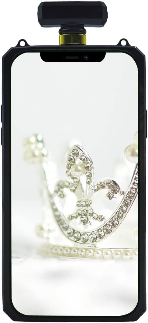 Compatible with iPhone 15 Perfume Bottle Case Luxury Bling Diamond Rhinestone Cute for Women Girls Elegant Glitter Shiny Crystal Crown Love Gem Flower with Crossbody Strap Case Black