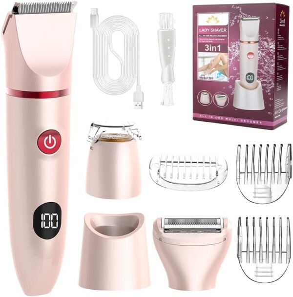 cjc 3-in-1 Electric Shaver for Women, Rechargeable Wet Dry Lady Electric Razor, Bikini Shaver for Legs Body Hair, IPX6 Waterproof Bikini Trimmer Gift for Womens Pink