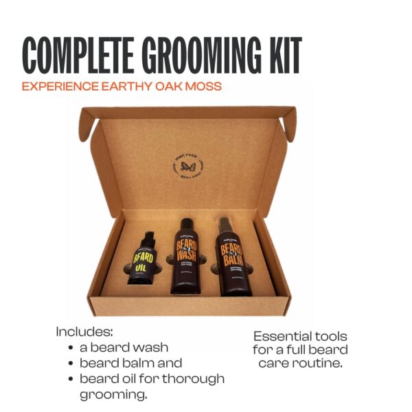 Men Rock Beardy Beloved Soothing Essential Beard Kit - Oak Moss - Beard Oil, Balm and Wash - Mens Face Care - Skincare Products for Men - 3 Pc