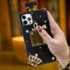 Compatible with iPhone 15 Perfume Bottle Case Luxury Bling Diamond Rhinestone Cute for Women Girls Elegant Glitter Shiny Crystal Crown Love Gem Flower with Crossbody Strap Case Black