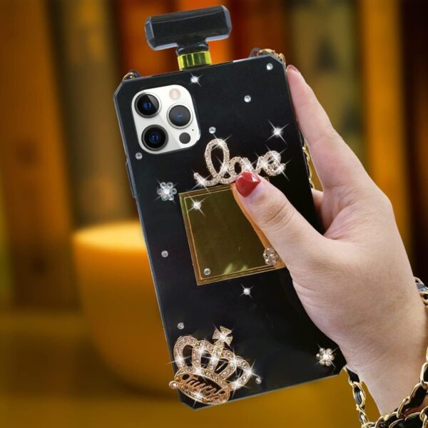 Compatible with iPhone 15 Perfume Bottle Case Luxury Bling Diamond Rhinestone Cute for Women Girls Elegant Glitter Shiny Crystal Crown Love Gem Flower with Crossbody Strap Case Black