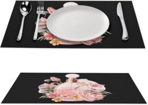 Floral Perfume Bottle Illustration Placemats Washable PVC Table Mats Kitchen Table Placemat for Indoor Outdoor