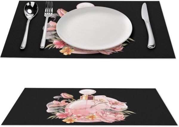 Floral Perfume Bottle Illustration Placemats Washable PVC Table Mats Kitchen Table Placemat for Indoor Outdoor