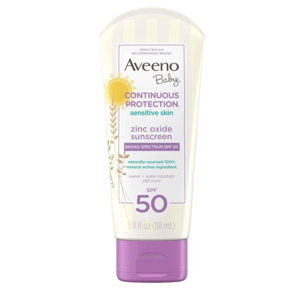 Aveeno Baby Continuous Protection Zinc Oxide Mineral Sunscreen Lotion for Sensitive Skin, Broad Spectrum SPF 50, Tear-Free, Sweat- & Water-Resistant, Paraben-Free, Travel-Size, 3 fl. oz