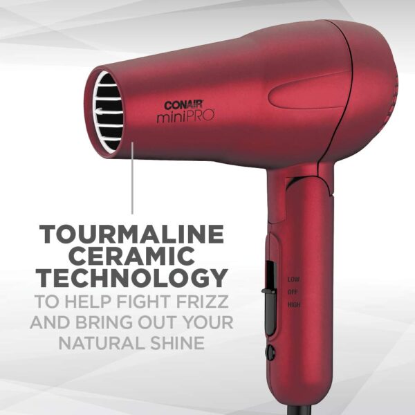 Conair miniPRO Tourmaline Ceramic Travel Hair Dryer with Folding Handle, Red
