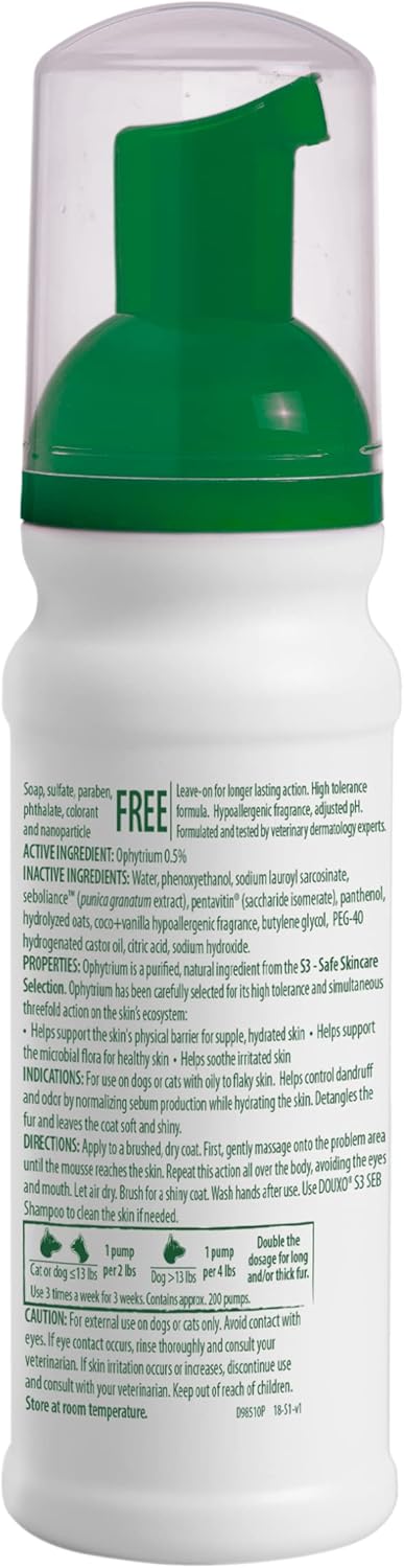 Douxo S3 Seb Mousse, Contains 0.5% Ophytrium, Odor Control & Seboregulating, For Oily to Flaky Skin, Seborrhea, For Dogs and Cats, 5.1 fl. oz. (150mL)