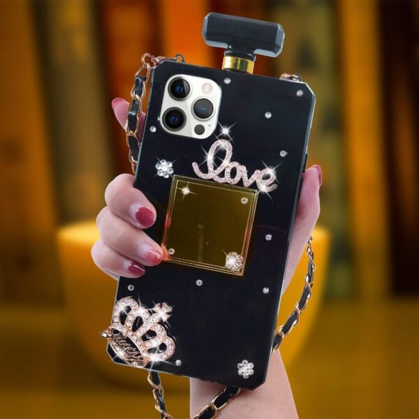 Compatible with iPhone 15 Perfume Bottle Case Luxury Bling Diamond Rhinestone Cute for Women Girls Elegant Glitter Shiny Crystal Crown Love Gem Flower with Crossbody Strap Case Black