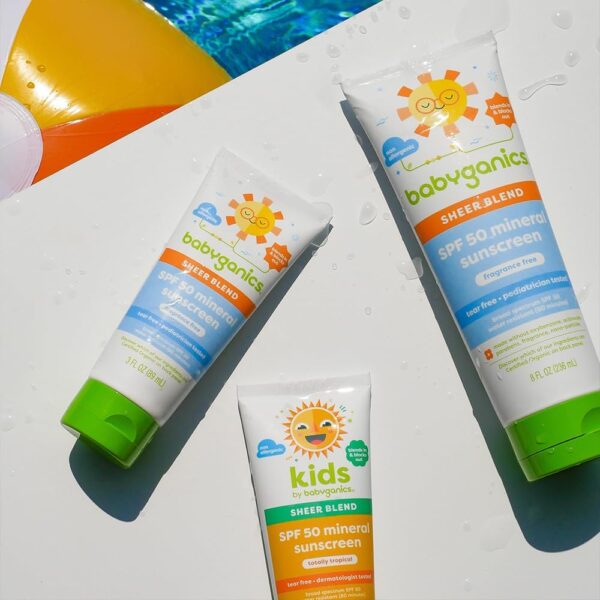 Babyganics SPF 50 Mineral Sunscreen Lotion, Sheer Blend, UVA UVB Protection, Octinoxate & Oxybenzone Free, Water Resistant, Totally Tropical, 3 oz