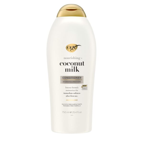 OGX Nourishing + Coconut Milk Conditioner, Hydrating & Restoring Conditioner Moisturizes for Soft Hair After the First Use, Paraben-Free, Sulfate-Free Surfactants, 25.4 fl. oz