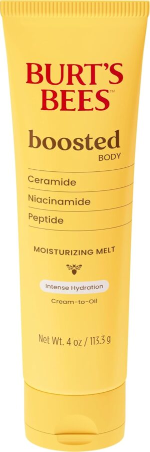 Burt's Bees Boosted Body Moisturizing Melt With Ceramide, Niacinamide and Peptide, Intense Skin Hydration, Cream-to-Oil Body Lotion Supports Skin Barrier, Tropical Scent, 4 oz. Tube