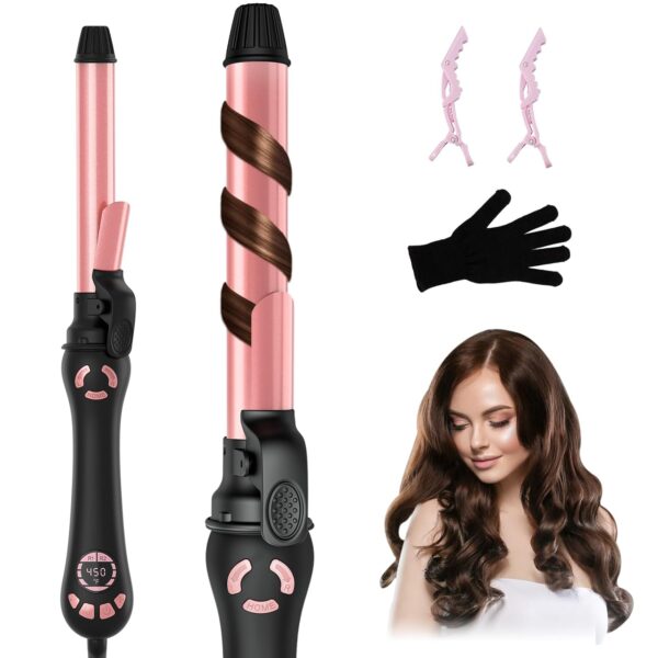 Rotating Curling Iron - 1 Inch Automatic Curling Iron for Fast Long-Lasting Curler Waves, Dual Voltage Automatic Hair Curler with Adjustable Temp and LCD Display for Effortless Beach Waves, Rose Gold